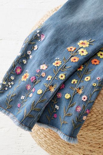 These free-spirited cropped jeans have an optimistic vibe, with embroidered wildflowers on both legs. Soft-brushed stretch denim and 5-pocket styling with raw-edge hems. | Women's Wildflower Embroidered Cropped Jeans - Medium Wash - 4 Embroidery Ideas For Clothes, Hand Embroidered Jeans, Embroidery Clothes Ideas, Embroidery Designs On Jeans, Jeans Embroidery Ideas, Jeans Design Ideas, Embroidery On Pants, Jean Upcycle, Jean Embroidery