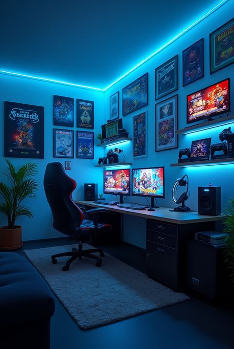 Gaming Setups For Small Rooms, Anime Game Room Ideas, Couples Game Room, Loft Game Room Ideas, Gaming Shelves, Gaming Room Decor Ideas, Gaming Man Cave, Shelves For Collectibles, Lit Shelves