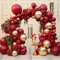 Red White Gold Decorations, Elegant Christmas Birthday Party, Magenta Birthday Decorations, Red Gold And White Party Decorations, Maroon Gold And White Wedding Decor, Red And Gold Quince Decorations, Red 60th Birthday Ideas, Red And Gold Balloons Decoration, Winter Balloon Decor