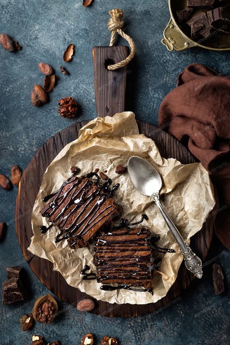 Chocolate brownie cake, dessert with nuts on dark background, directly above, flat lay By sea_wave¡¯s photos , #AD, #cake, #dessert, #Chocolate, #brownie Brownies Decorados, Food Photography Dessert, Chocolate Brownie Cake, Food Flatlay, Best Chocolate Desserts, Dark Food Photography, Dark Food, Dessert Photography, Food Photography Tips