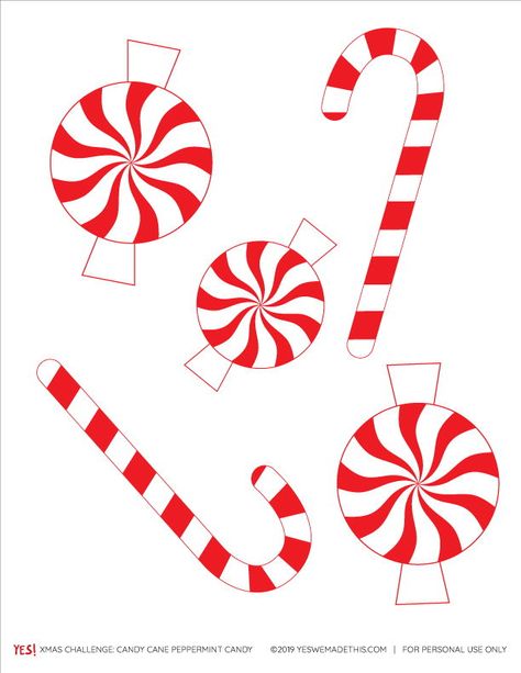 Make your Christmas party even more special with cute paper candy cane ornaments! We've designed this free printable template with candy canes and peppermint candies. Make them as a party garland, Christmas tree ornaments, or Christmas gift tags! #yeswemadethis #candycane #candycanecrafts #peppermintcandy #christmasornaments Candy Cane Paper Crafts, Christmas Candy Template, Candyland Templates Free Printable, Peppermint Candy Template Free Printable, Peppermint Template Free Printable, Candy Cane Printable Free, Candy Printables Free, Candycane Printable, Candy Template Free Printable