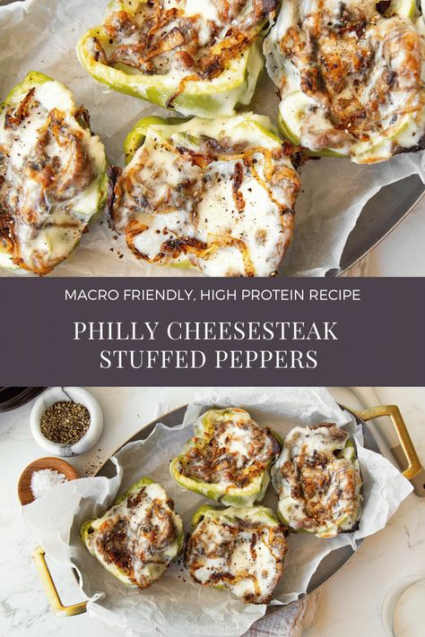 Stuffed Pepper Philly Cheesesteak, Low Cal Philly Cheesesteak, Low Calorie Philly Cheese Steak Bowl, Healthy Cheesesteak Bowl, Philly Cheesesteak Bell Peppers, Stuffed Bell Peppers Alfredo, High Protein Philly Cheesesteak, Stuffed Peppers Cheesesteak, Philly Chicken Stuffed Peppers