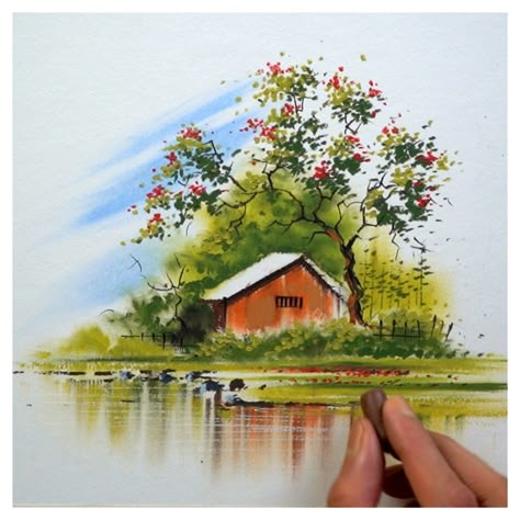 Landscape Painting With Watercolor, Nature Art Painting Oil Pastel, Landscape Simple Drawing, Nature Painting Oil Pastel, Nature Drawing With Oil Pastels, Nature Simple Painting, Landscape Oil Paintings Nature Easy, Pastel Scenery Drawing, Scenery Drawing With Oil Pastels