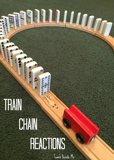 Physics play- Train Chain Reactions with Dominoes! STEM for kids!  via @karyntripp Train Track Ideas, Summer Experiments, Transportation Centers, Physics Toys, Conservation Of Momentum, Trains Preschool, Eyfs Curriculum, Preschool Stem, Transportation Preschool