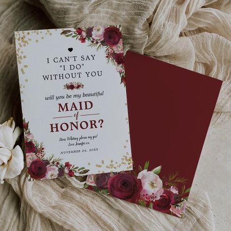 $2.45 | Will you be my Maid of Honor | Burgundy Blush #maid of honor, wedding, will you be my bridesmaid, rustic, burgundy, blush, flowers, watercolor, elegant, gold glitter Asking My Sister To Be My Maid Of Honor, Matron And Maid Of Honor, Maid Of Honor And Bridesmaid Dresses, Asking Sister To Be Maid Of Honor, Invitation For Bridesmaid, Would You Be My Maid Of Honor, Will You Be My Maid Of Honor Card, Bridesmaids Invitations Ideas, Be My Maid Of Honor Ideas