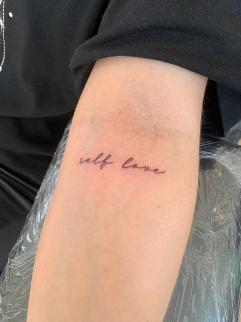 Self Love In Cursive Tattoo, Love Tattoo Aesthetic, Self Love In Cursive, Dainty Tattoo Quotes, Self Love Cursive Tattoo, Sweet Life Tattoo, Loved Tattoo Word, Self Love Quote Tattoo, Word Tattoos Cursive