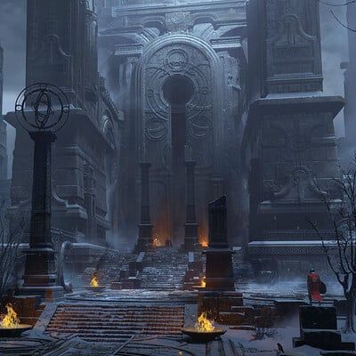 Snow Temple Concept Art, Dark Temple Fantasy Art, Dark Temple Aesthetic, Simple Environment Art, Fantasy Temple Concept Art, Fantasy Temple Interior, Ancient Temple Concept Art, Scifi Temple, Temple Fantasy Art