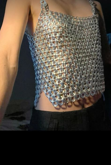 Upcycled Materials Fashion, Soda Tab Dress, Textile Upcycling Ideas, Soda Tab Clothes, Upcycled Metal Art, Soda Tabs Diy, Can Tab Chainmail, Soda Tab Chainmail, Soda Tab Chain