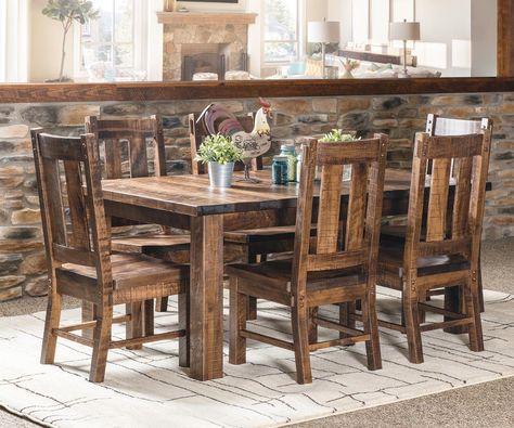 Santa Fe Leg Table | USA Furniture & Leather Farmhouse Dining Room Furniture, Rustic Lodge Kitchen, Rustic Kitchen Chairs, Farmhouse Dining Room Set, Rustic Furniture Ideas, Table With Extension, Rustic Style Furniture, Dining Table Height, Rustic Dining Chairs