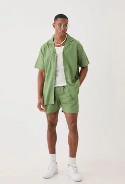 Men's Linen Shirts And Shorts | boohooMAN USA Summer Vacation Mens Outfits, Beach Chic Men, Summer Man Clothes, Men’s Rave Fits Summer, Love Island Mens Outfits, Mens Layering Outfits Summer, Men’s Matching Set, Island Men Outfit, Green Summer Outfit Men