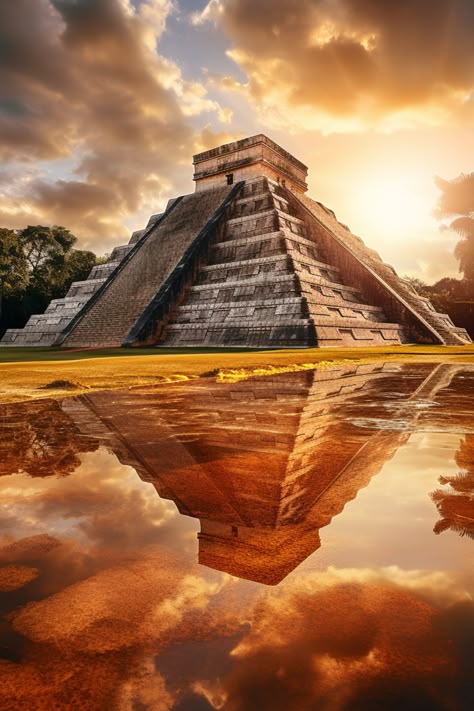 Journey back in time as you explore the majestic Chichen Itza. From the towering Kukulkan pyramid to the detailed stone carvings, our guide takes you on an unforgettable tour of this Mayan marvel. Uncover the mysteries of an ancient civilization. Click to learn more! Mayan Aesthetic, Chicken Itza, Maya Pyramid, Mayan Empire, Mayan Pyramids, Mayan Architecture, Aztec Pyramids, Chichen Itza Mexico, Mayan Tattoos