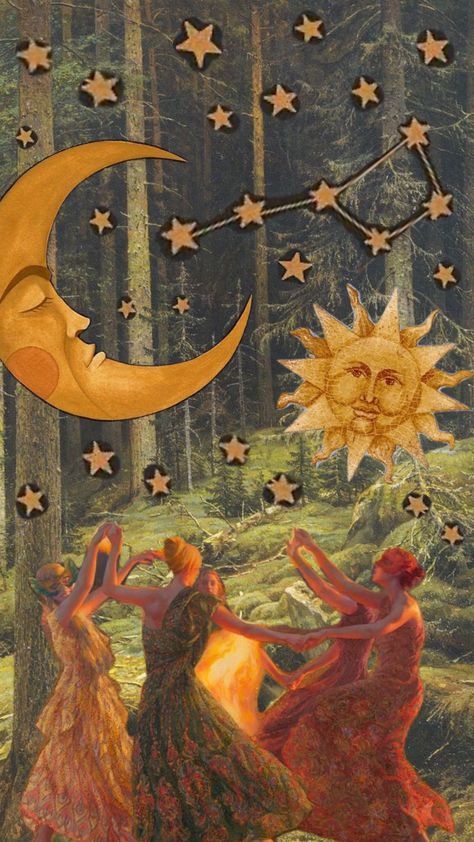 forest background with vintage stickers of stars and the sun and moon with women dancing below. witch aesthetic and whimsigoth aesthetic. Witchy Wallpapers, Witch Wallpaper, Witchy Wallpaper, Arte Inspo, Arte Sketchbook, Ethereal Art, Fall Aesthetic, Fall Wallpaper, Funky Art