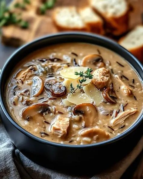 Savory Mushroom and Chicken Wild Rice Soup with Parmesan - Miarecipes Wild Rice Mushroom Chicken Soup, Mushroom And Rice Soup, Chicken Mushroom Wild Rice Soup, Mushroom Rice Soup, Wild Rice And Mushroom Soup, Canned Oysters, Mushroom And Chicken, Autumn Soup, Wild Mushroom Soup