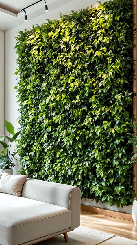 Organic Modern Decor Green Walls Plants, Living Wall Indoor Interior Design, Greenery Accent Wall, Faux Green Wall, Living Wall Ideas, Green Wall Plants, Living Wall Indoor, Organic Modern Design, Wall Art Vertical