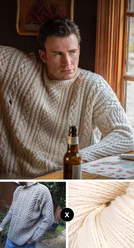 Knit the Look: the "Knives Out" fisherman sweater - Fringe Association Men’s Pullover Knitting Pattern, Mens Knit Pullover Sweater Patterns, Men Pullover Knitting Pattern, Knitting Sweater Men, Cable Knit Jumper Pattern Free, Chris Evans Knives Out Sweater, Mens Cardigan Sweater Knitting Pattern, Movie Knitting Patterns, Men’s Knit Pattern