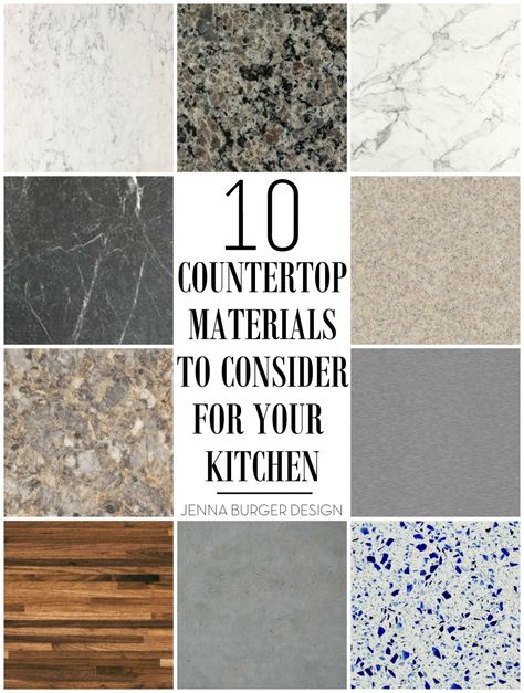 10 Countertop Materials to Consider for your KITCHEN! Round up of material choices at www.JennaBurger.com Different Types Of Countertops, Burger Design, Countertop Colors, Kitchen Diy Ideas, Diy Kitchen Ideas, Types Of Countertops, Kitchen Countertop Materials, Tuscan Kitchen, Countertop Material