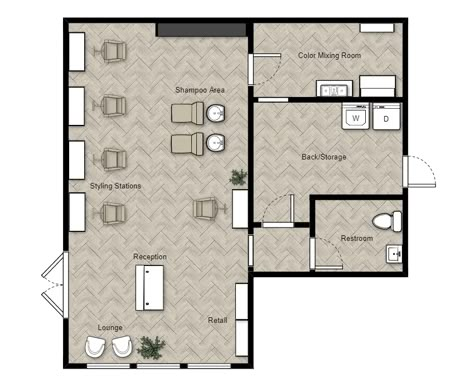 Salon Interior Layout Plan, Salon Layout Plan, Business Floor Plans Layout, Salon Station Divider Ideas, Hair Salon Blueprint Layout, Small Salon Layout Floor Plans, 900 Sq Ft Salon Layout, Small Salon Floor Plan, Beauty Salon Layout Ideas Floor Plans