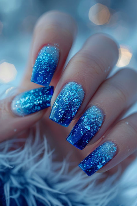 Icy Blue Ombre: Nail Designs For A Royal Blue Dress Matric Nail Ideas, Blue White Glitter Nails, January Nail Designs Blue, Royal Blue Nail Designs Ideas, Blue Nails For Wedding, Blue Ombre Glitter Nails, Sapphire Nails Design, Royal Blue Ombre Nails, Matric Nails