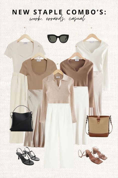 thestylevisitor no LTK Sweetheart Neck Top Outfit, Beige Tops Outfit, Beige Top Outfit, Sweetheart Neck Top, Basics Wardrobe, Minimalist Wardrobe Capsule, Workwear Capsule Wardrobe, Simple Work Outfits, Silk Skirts