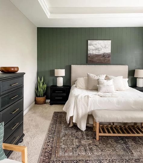 Shiplap Bedroom, Wall Paneling Ideas, Bedroom Rug Placement, Rustic Style Bedroom, Bedroom Rug Size, Bedroom Accent Wall, Paneling Ideas, Sage Green Bedroom, Rustic Bedroom Decor