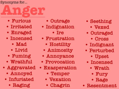 More Synonyms For Angry, Alternative Words For Writing, Anger Writing Tips, Mad Synonyms, Words For Roleplay, Synonyms For Angry, Words To Describe Anger, Angry Writing Tips, Anger Synonyms