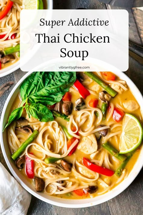 Thai Basil Soup Recipe, Thai Chicken Curry Soup Coconut Milk, Green Curry Chicken Soup, Coconut Chicken Soup, Thai Chicken Soup Recipes, Thai Coconut Chicken Soup, Chicken Curry Soup, Thai Chicken Soup, Asian Soup Recipes