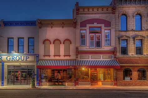 Facades along Main Street Vincennes Indiana, Small Towns Usa, Building Stairs, Town Building, French Colonial, Stair Steps, Night Scene, March 16, Facades