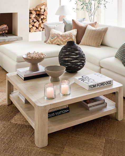 Bring a relaxed look to your living room with our new Aptos Collection. Beautifully crafted in our exclusive Sandwash finish, each silhouette features soft edges. Tap our link in bio to shop the full collection! Style Large Square Coffee Table, Square Timber Coffee Table, Under Coffee Table Decor, Big Coffee Table Decor, Living Room Decor Coffee Tables, Large Coffee Table Decor, Large Coffee Table Styling, Coffee Table Ideas Living Room, Coffe Table Arrangment