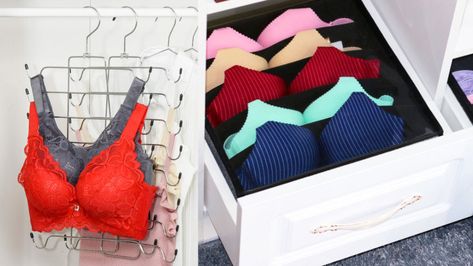 Folding Bras In Drawers, Folding Bras To Save Space, Diy Bra Hanger, How To Fold Bras In Drawer, Diy Bra Storage, Hanging Bra Storage, Diy Bra Organization, Storing Bras, Undergarment Organization