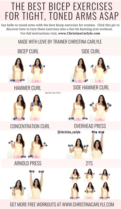 The best bicep workout for women with the best fat burning bicep exercises for tight toned arms. https://christinacarlyle.com/bicep-workout/ #fitness #workout Best Bicep Exercises, Bicep Workout Women, Exercise Bras, Dumbbell Bicep Workout, Best Bicep Workout, Christina Carlyle, Bicep Exercises, Best Biceps, Bicep Workout