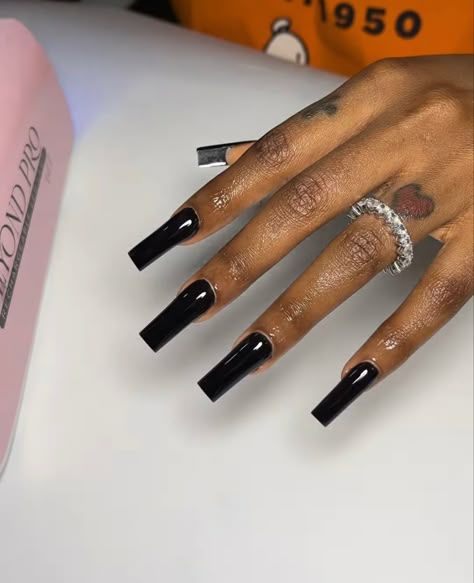 Nail For Light Skin, Long Black Gel Nails, Square Acrylic Nails Long Black, Black Rectangle Nails, Black Long Square Acrylic Nails, Matt Black Almond Nails, Plain Black Square Nails, Basic Baddie Nails Square, Medium Square Black Nails