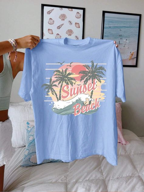 SHEIN EZwear Oversized Women\ T-Shirt With Casual And Concise Palm Tree And Sunset Pattern, Round Neck And Short Sleeves, Super Loose FitI discovered amazing products on SHEIN.com, come check them out! Spring Oufits, Vibes Outfit, Baggy Shirt, Bestie Birthday, Oversize Women, Smart Things, Beach T Shirts, Beach Baby, Girl Fits