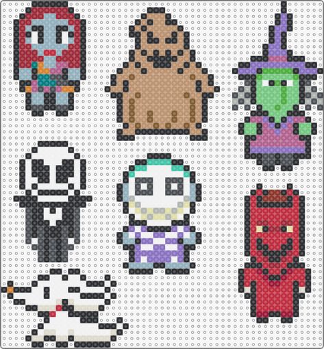 Nightmare Before Christmas Characters - Kandi Pad | Kandi Patterns, Fuse Bead Patterns, Pony Bead Patterns C2c Nightmare Before Christmas, Jack And Sally Perler Bead Pattern, Sally Perler Bead Patterns, Gremlins Perler Beads, Christmas Fuse Beads Ideas, Fuse Beads Disney, Nightmare Before Christmas Hama Beads, Pony Bead Patterns Halloween, Pixel Valentines Day