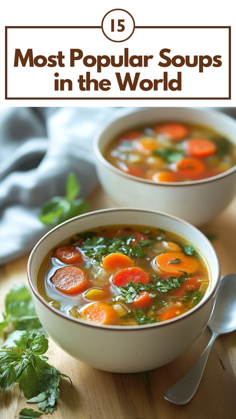 A variety of popular soups from around the world, featuring hearty stews, broths, and vibrant ingredients from different cultures. Soup Around The World, Soup For Chest Congestion, Soups Of The World, Soups Around The World, Most Popular Soups, Unique Soups, Broth Soup Recipes, Brothy Soup Recipes, Clear Broth Soups