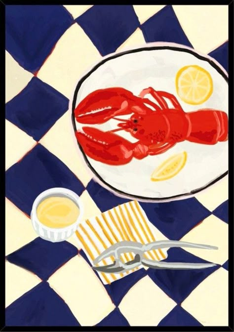 Lobster Art, Coconut Bowls, Illustration Kunst, Checkered Tablecloth, Foodie Art, Fabric Poster, Red Lobster, Arte Inspo, Art Et Illustration