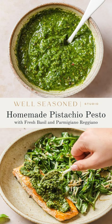 Pistachio Pesto is a delicious and versatile sauce that is perfect for pasta, meats, seafood, sandwiches, or dipping vegetables. Toasted pistachios add a nutty flavor that is complemented by fresh basil and Parmesan cheese. It's got a creamy, smooth texture with a slight crunch from the nuts and is truly a taste of summer! GF #wellseasonedstudio #pestorecipe #pistachiopesto #pesto #pestosauce Toasted Pistachios, Pesto Uses, Quick Pasta Sauce, Pasta And Veggies, Seafood Sandwiches, Italian Diet, Pistachio Recipes, Pesto Salmon, Cheese Alternatives