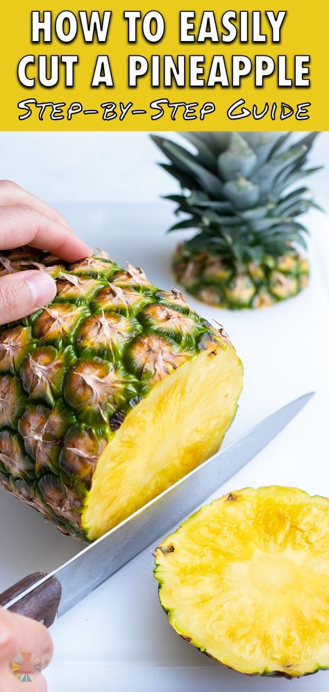 This quick and easy step-by-step guide will show you How to Cut Pineapple in only five minutes! Learn the best way to transform a whole pineapple into rings, cubes, or wedges to use in recipes all Summer long! Enjoy this tropical fruit as a snack on its own, or in smoothies, savory dishes, desserts, salsa, sauces and more! How To Slice A Pineapple, Fresh Pineapple Recipes, Cut A Pineapple, Healthy Picnic Foods, Aip Diet Recipes, Healthy Picnic, Healthy Kid Friendly Meals, Cut Pineapple, Ripe Pineapple