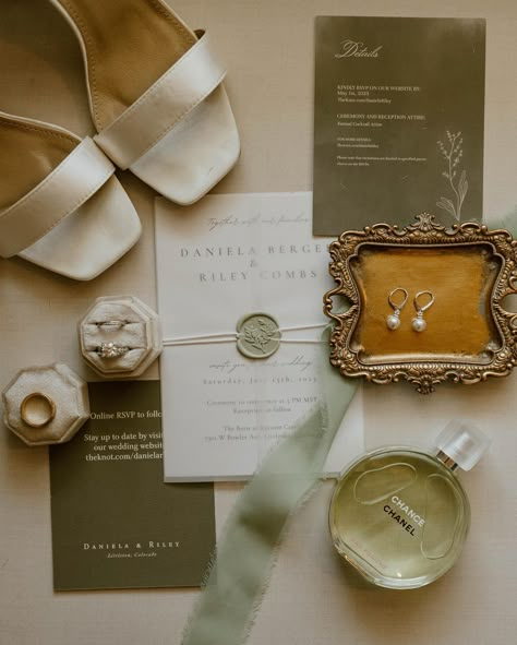 Some wedding day details 🤩 I loved the sage green and white colors for this July wedding 🤍 All About Wedding Ideas, Stationary Wedding Pictures, Ring And Invitation Picture, Sage Green Wedding Photos, Green Wedding Detail Shots, Wedding Accessories Pictures, Wedding Details Inspiration, Wedding Green Ideas, Flat Lay Ideas Wedding