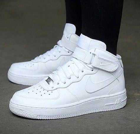 All white uptowns. Forever classic. Sepatu Air Jordan, Nike Shoes Air Force, Nike Air Force 1 Mid, White Nike Shoes, Jordan Shoes Girls, Custom Nike Shoes, Shoes Sneakers Jordans, Tenis Nike, Nike Air Shoes