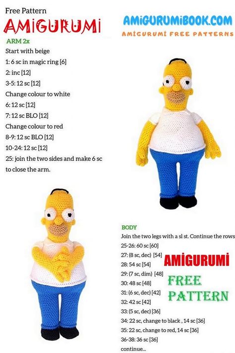 Homer Simpson Amigurumi Free Pattern – Amigurumibook.com Homer Simpson Crochet Pattern Free, Crochet Marvel, All Cartoon Characters, Crochet Characters, All Cartoon, Free Amigurumi Crochet Patterns, Knit Art, Crocheting Patterns, Crochet Animals Free Patterns