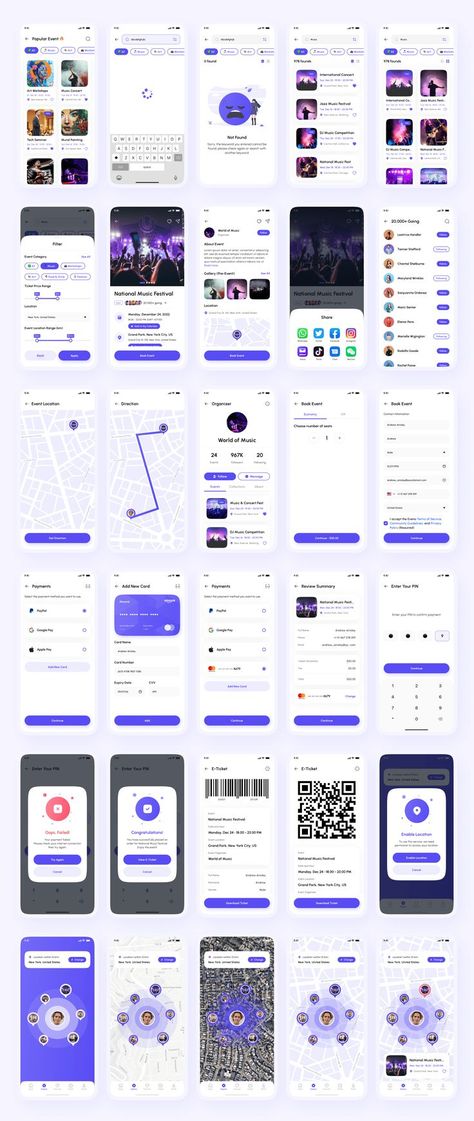 Eveno - Event Booking App UI Kit Premium &amp; High Quality UI Kit with All Full Features of Event Booking &amp; Ticketing App (iOS/Android Support, 180+ Screens, with Design System Included) Event Booking App, Webpage Design Layout, Application Ui Design, Event App, Ux App Design, App Design Layout, Ios App Design, Android Design, Mobile App Design Inspiration