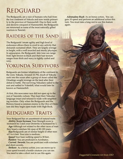 The Elder Scrolls Races in DnD Version 2  - Album on Imgur Elder Scrolls Redguard, Skyrim Dnd, Skyrim Races, Skyrim Lore, Homebrew Races, 5e Races, Elder Scrolls Races, Elder Scrolls Lore, Evelynn League Of Legends