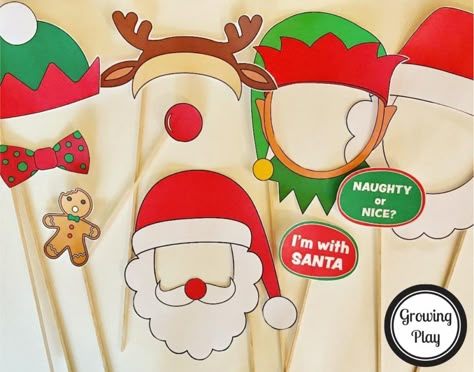 Christmas Photo Booth props from Growing Play Diy Christmas Props, Photo Booth Props Free Printables, Christmas Party Photo Booth, Photo Booth Props Free, Photo Booth Printables, Diy Christmas Photo, Christmas Hosting, Christmas Photo Booth Props, Holiday Photo Booth