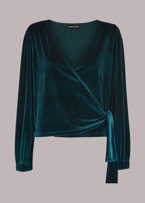 Green Velvet V Neck Wrap Top | WHISTLES | Whistles Stretch Velvet Top, Velvet Top, Stretch Velvet, Neck Wrap, Velvet Tops, Jersey Top, Green Velvet, Wrap Top, After Dark