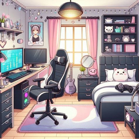 Character Bedroom, Cyberpunk Room, Anime Bedroom Ideas, Daybed Room, Anime House, Dorm Design, Dorm Room Designs, Sims 4 House Design, Anime Room