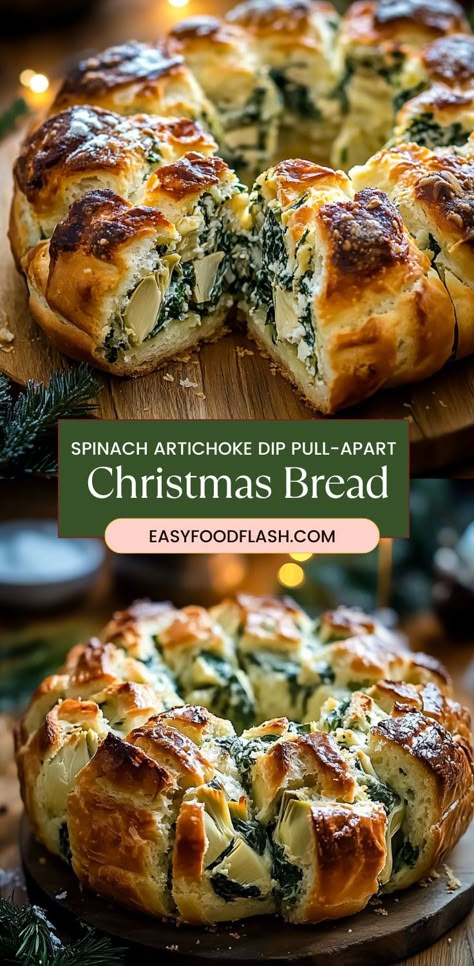 This festive and cheesy pull-apart bread is filled with a creamy spinach artichoke dip, making it the perfect addition to holiday gatherings. Warm and gooey, this bread is a hit for both appetizers and side dishes at any celebration. Artichoke Pull Apart Bread, Artichoke Bread Recipe, Warm Dip Recipes, Creamy Spinach Artichoke Dip, Artichoke Appetizer, Artichoke Bread, Christmas Gifting Ideas, Cheesy Pull Apart Bread, Spinach Bread