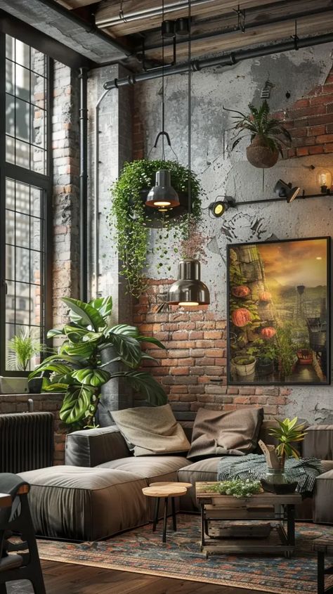 Cozy Industrial Living Room, Industrial Style Living Room, Industrial Living Room, Industrial Room, Practical Furniture, Industrial Chic Design, Industrial Style Interior, Brick Interior, Room Vibes