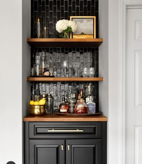 How To Set Up A Home Bar - Wondafox Basement Tv And Bar Ideas, Home Bar Niche, Wet Bar Ideas With Sink Nook, Very Small Bar Ideas, Old Wet Bar Makeover, Closet To Bar Ideas, Closets Turned Into Bars, Mini Bar Shelves, Cubby Bar Ideas