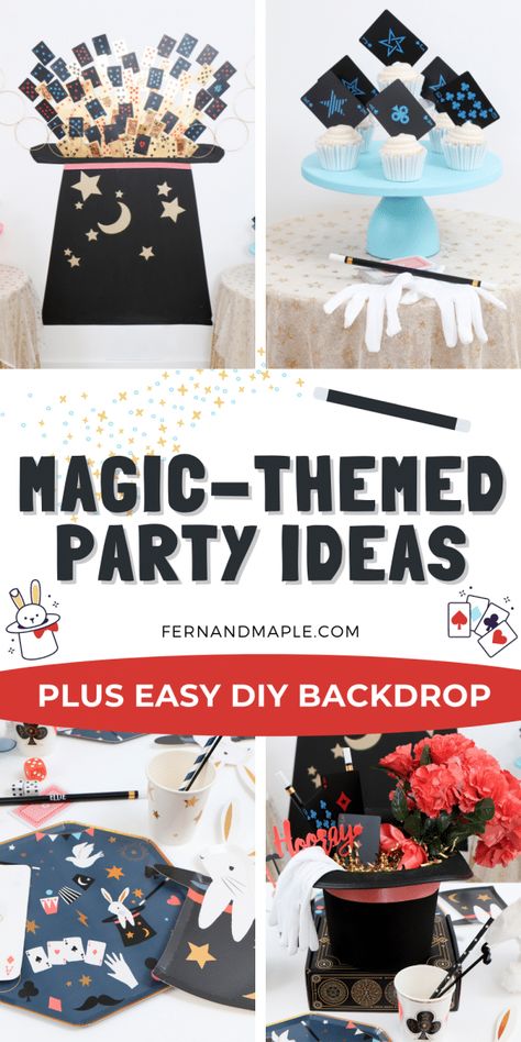 Create a fun and entertaining Magic-Themed Birthday Party and easy DIY Magic Hat masking tape backdrop with these ideas for desserts, table setting and more! Get details and more magician party ideas now at fernandmaple.com. Magical Theme Birthday Party, Magic Theme Decorations, Magic Decorations Party, Magic Theme Party Decorations, Magic Themed Party Food, Magic Party Decorations, Magic Themed Costumes, Magic Show Decorations Ideas, Magic Themed Crafts