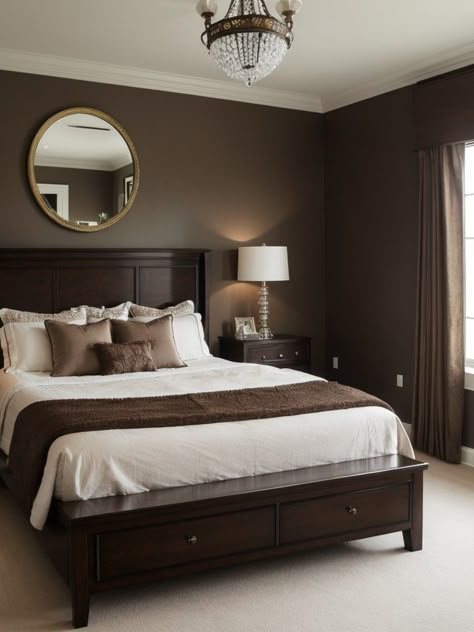 Brown Room Bed, Dark Brown Wood Furniture Bedroom, Bedroom Inspirations Brown Furniture, Brown Bed Rooms, Cozy Brown Bedroom Aesthetic, Dark Brown Wood Bedroom Ideas, Bedroom Ideas Maroon, Dark Brown Bedroom Aesthetic, Dark Brown Bedframe Room Ideas